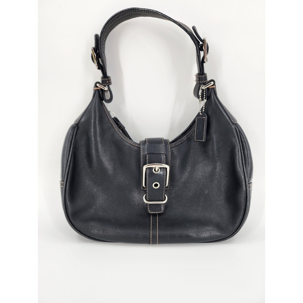 Classic Coach Soho BlackLeather Buckle HoboBag SilverHardware ContrastStitch9541